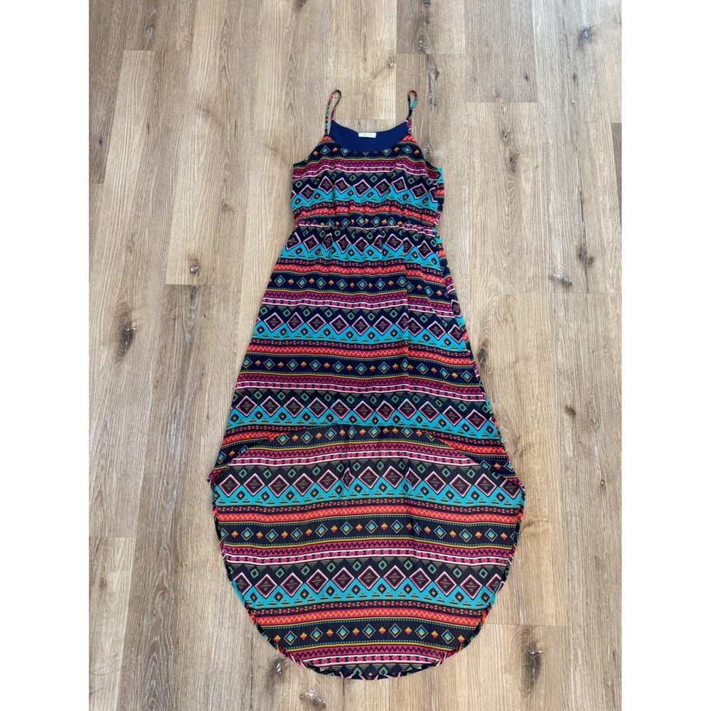 Everly Boho Festival Navy Blue Geometric Tribal Print High Low Maxi Dress‎ Small